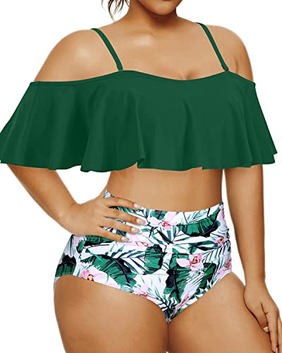 Soft Padded Bra Two Piece Swimsuits For Women Plus Size Bikini Set-Green Tropical Floral