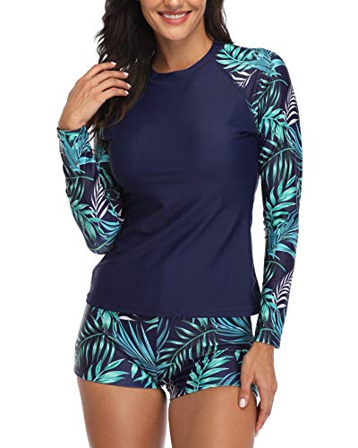 Two Piece Long Sleeve Rash Guard Swimsuit For Women Boyshort Bottom-Navy Blue Leaf