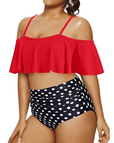 High Waisted Tummy Control Bikini Set For Women Plus Size Ruffle Swimsuits-Red Dot