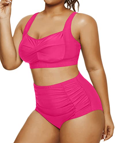 Retro Two Piece Swimsuit Ruched Bottoms Twisted Front Bikini-Neon Pink