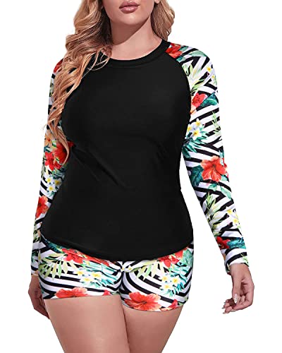 Plus Size Long Sleeve Rash Guard Swimsuit Set Boy Short Swimwear-Black And Striped Leaves