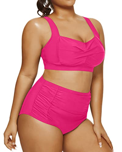 Retro Two Piece Swimsuit Ruched Bottoms Twisted Front Bikini-Neon Pink