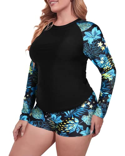 Two Piece Long Sleeve Rash Guard Swimwear For Plus Size Women-Blue Leaf