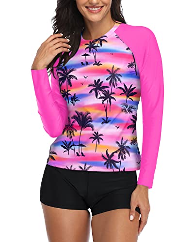 Full Coverage Women's Long Sleeve Rash Guard Two Piece Swimwear-Pink Palm