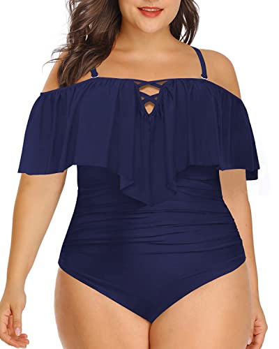 Chic Cross Lace Up Plus Size Ruffled Swimsuit-Navy Blue