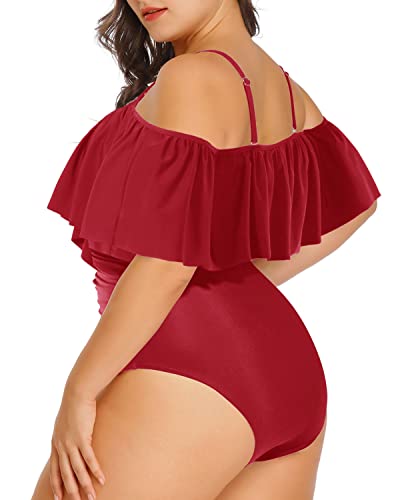 Off Shoulder Plus Size Ruffled Swimsuit For Curvy Women-Red