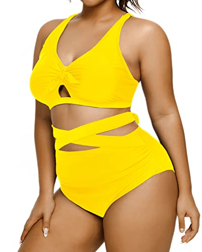 Two Piece V-Neck Keyhole Plus Size Bikini Swimsuit-Neon Yellow