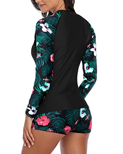 Uv Upf 50+ Two Piece Rash Guard Long Sleeve Swimsuit For Women-Black Floral