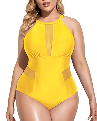 Stylish Tummy Control Monokini Plus Size Swimwear-Neon Yellow