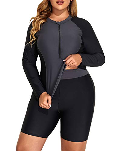 Plus Size Colorblock Rash Guard Tankini Boy Shorts Bottom-Grey And Black