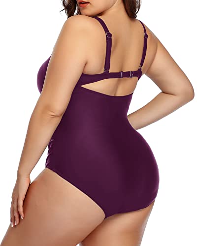 Plus Size High Waisted V Neck Monokini For Curvy Women-Maroon