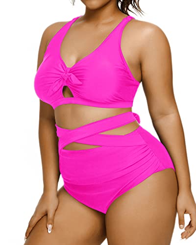 Sexy V-Neck Keyhole Bikini Plus Size Tie Knot Swimwear-Neon Pink