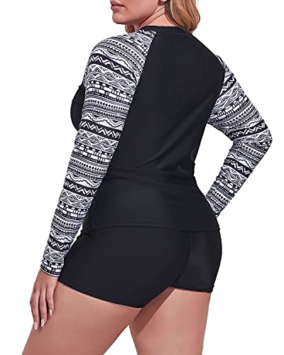 Women's Plus Size 2 Piece Rash Guard Swimsuit Boyleg Bottom-Black And White Snake Print