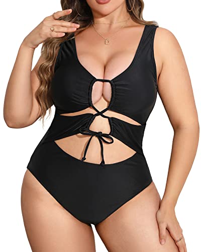 V Neck Plus Size Cutout One Piece Swimsuits For Women-Black