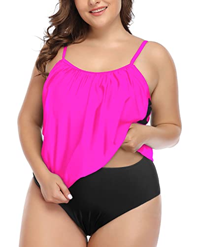 Double Layer Tummy Control Tankini Plus Size Sporty 2 Piece Tankini-Neon Pink