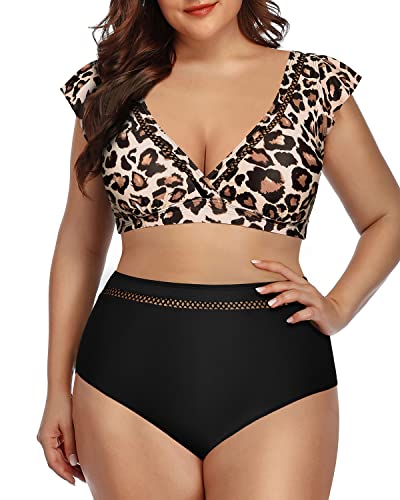 V-Neck Hollow Out Bikini Top And High Waisted Bottom Two Piece Swimsuits For Women-Black And Leopard