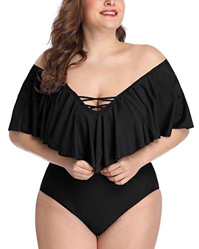 Adjustable Strap Plus Size Flounce Bathing Suits For Curvy Women-Black