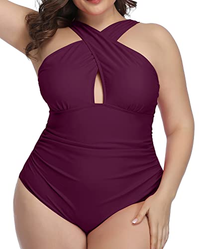 Plus Size Front Cross Tummy Control One Piece Swimsuits-Maroon