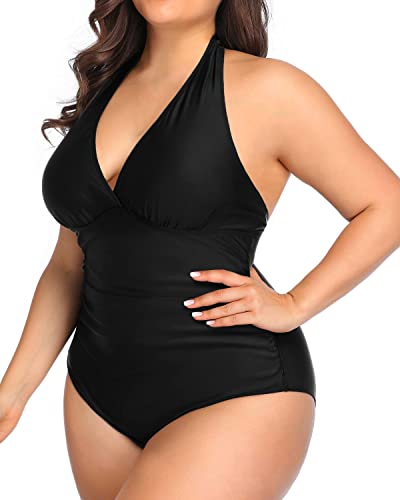 Ruched Tummy Control V Neck Plus Size One Piece Swimsuits-Black