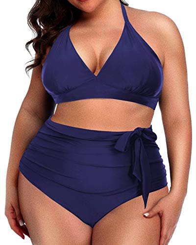 Tummy Slimming Plus Size Bikini Set Halter Neckline-Navy Blue