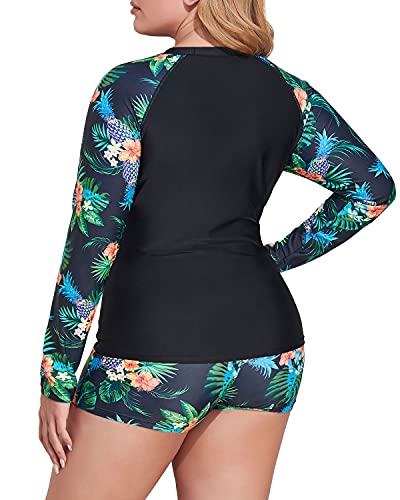 Plus Size Long Sleeve Rash Guard Swimwear Set For Women-Black Pineapple