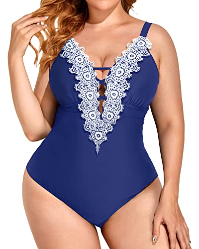 Crochet Plunge Neck Tummy Control Slimming Plus Size One Piece Swimsuits-Blue