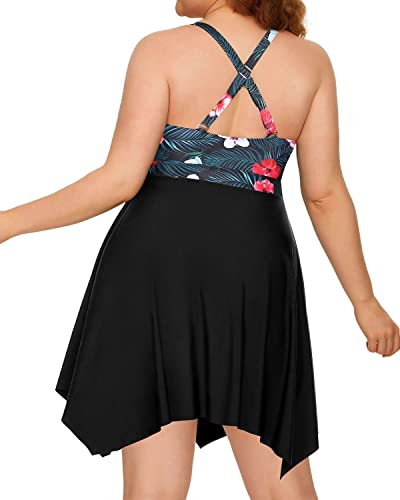 Retro Elegant Tankini Two Piece Swimdress Boyshorts For Women-Black Floral