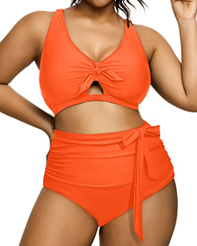 Padded Bra Bikini Plus Size Tie Knot Two Piece Swimsuit-Neon Orange