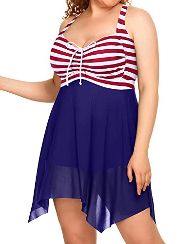 Irregular Hem Two Piece Swim Dress Boyshorts For Plus Size Women-Flag