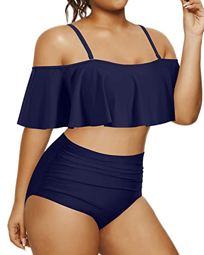 Modest Coverage Bathing Suits For Women Plus Size Flounce Top-Navy Blue