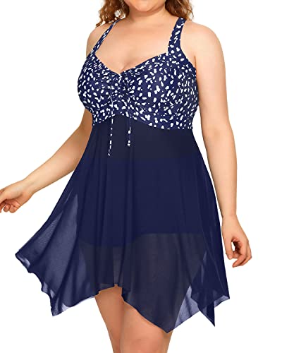 Flowy Hem Mesh Tankini Two Piece Swim Dress Long Torso Swimsuits-Blue Dot