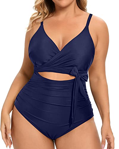 Feminine Curves High Waisted Tummy Control One Piece Bathing Suits-Navy Blue