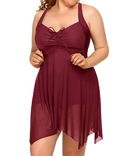 Slimming Plus Size Mesh Swim Dress Boyshorts Long Torso Swimsuits-Maroon