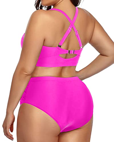 Tummy Control High Waisted Plus Size Bikini Set For Women-Neon Pink