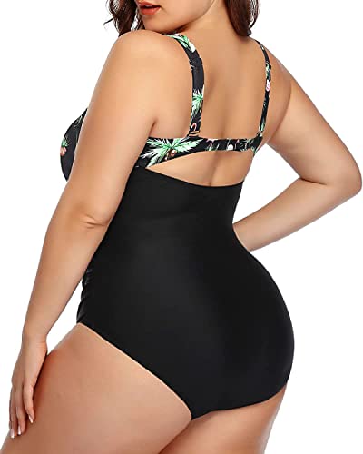 Ruched Tummy Control Large Size Swimwear-Black Palm Tree