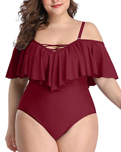 Vintage Flounce Cold Shoulder Plus Size Swimwear-Maroon