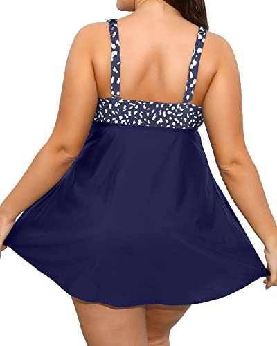 Elegant Adjustable Tie-Knot Two Piece Swim Dress For Plus Size Women-Blue Dot