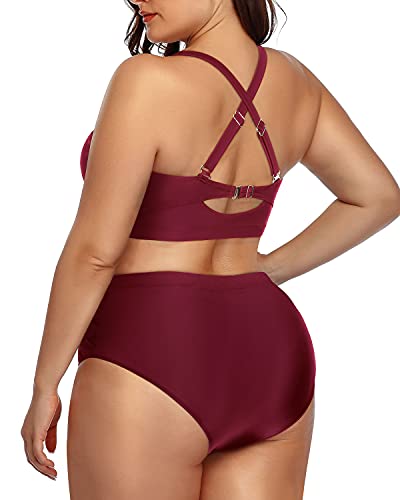 Adjustable Criss Cross Ruched Bikini For Plus Size Ladies-Maroon