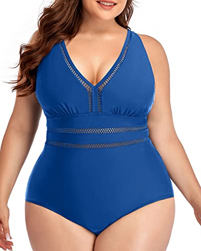 Neat Shoulder Strap Plus Size One Piece Backless Swimwear-Blue