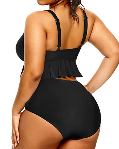 Plus Size Tummy Control High Waisted Ruched Bikini-Black