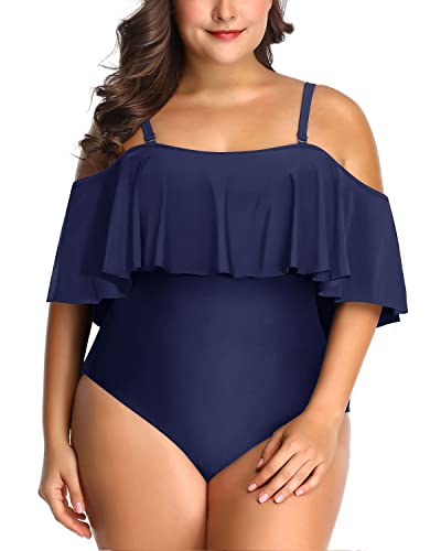 Flattering Off Shoulder Tummy Control One Piece Bathing Suit-Navy Blue