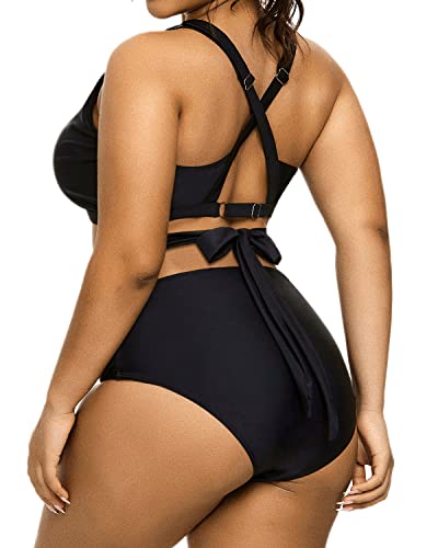 Ruched High Waist Plus Size Bikini Swimsuit For Curvy Women-Black