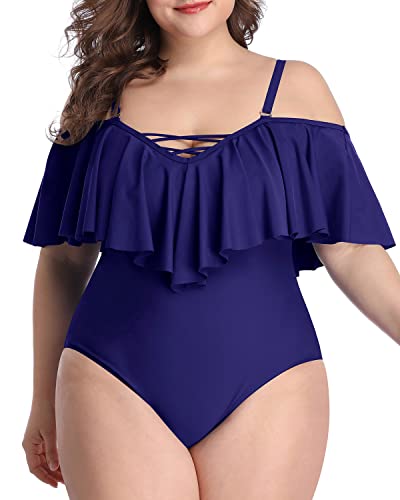 Figure-Hugging Cold Shoulder Plus Size One Piece Bathing Suits-Navy Blue