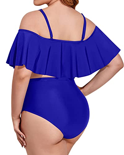 Classic Off Shoulder Plus Size Two Piece Swimwear-Royal Blue