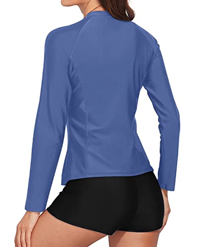 Two Piece Long Sleeve Rash Guard Zipper And Boyshorts For Women-Blue