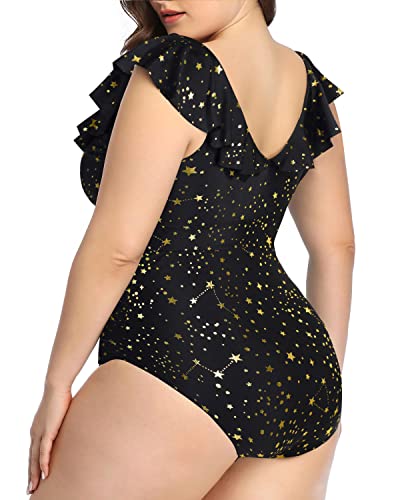 Cute Ruffled Falbala Plus Size One Piece Swimsuit For Women-Gold Stars