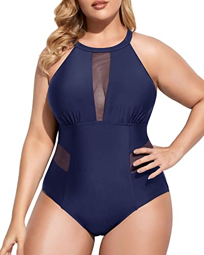 Charming Tummy Control Monokini Plus Size Bathing Suit-Navy Blue