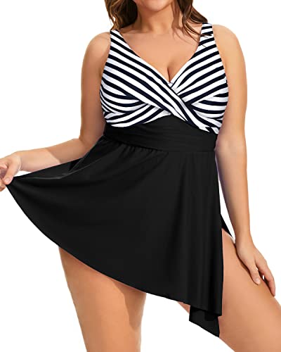 Stylish Asymmetrical Hemline Plus Size Swim Dress For Women-Black And White Stripe