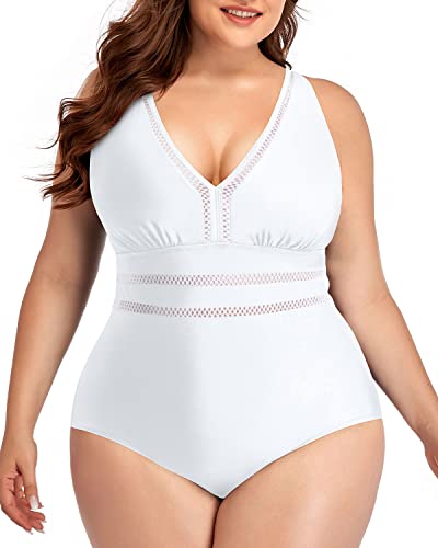 Sexy Backless Plus Size Swimsuit V-Neck For Curvy Women-White