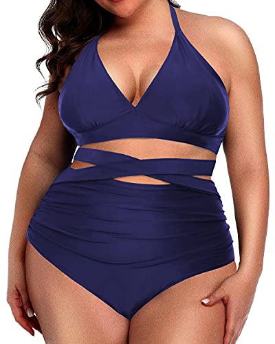 Tummy Slimming Plus Size Bikini Set Halter Neckline-Navy Blue